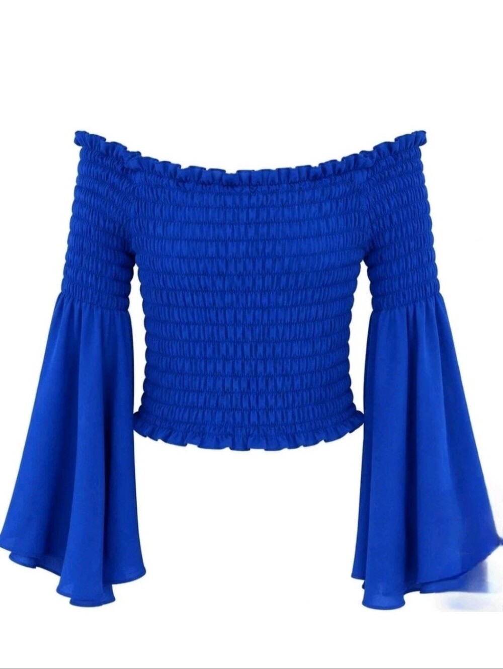Y2k Royal Blue Bell Flare Sleeve Smocked Crop Top Stretch Boho Peasant Festival